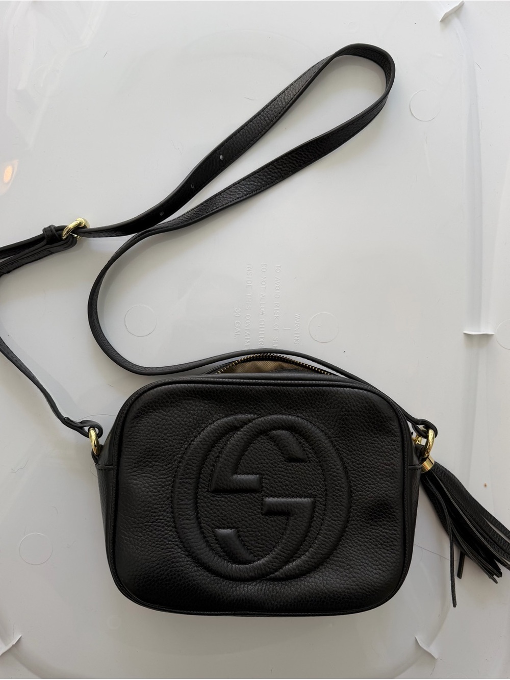 Gucci Black Pebbled Leather Double G Camera Bag with Tassel